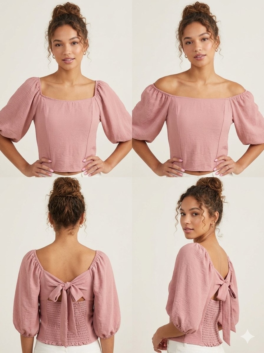 Altar'd State Dusty Pink Tie-Back Puff Sleeve Smocked Crop Blouse Size L